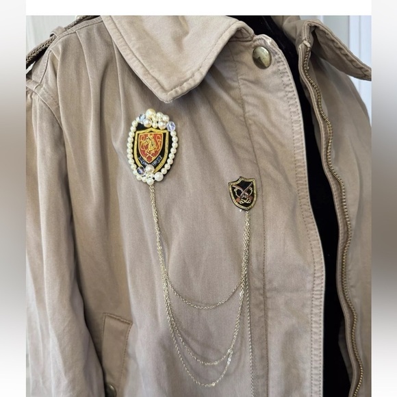 Dictionary Beige Long Parka Size M Womens Crest Beading Made In Japan Y2K Ruffle - Picture 4 of 12
